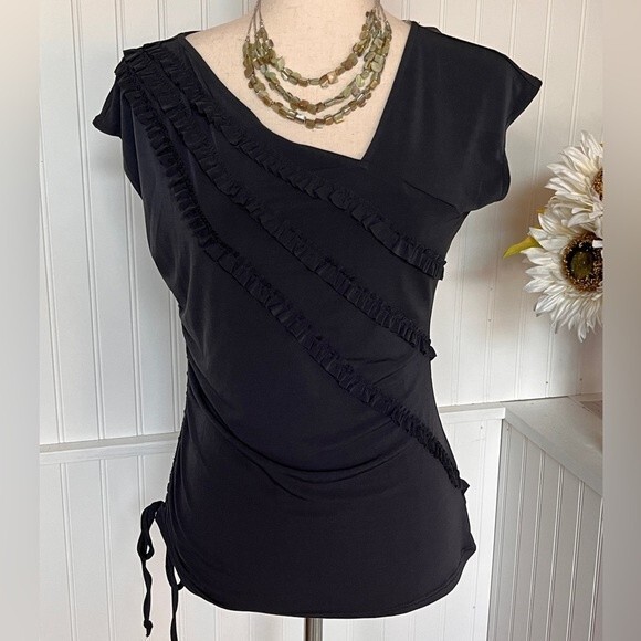 Worthington Sleeveless Black Ruffles Ruched Top - Picture 1 of 6